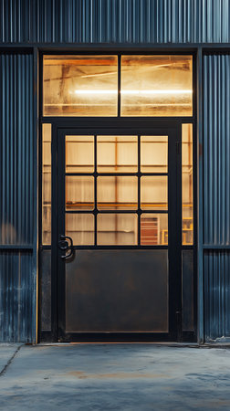 Centered view of a dark industrial door featuring nine window panes and a corrugated metal facade. Warm light spills from within, creating a stark contrast.の素材