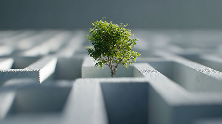 A solitary tree with green leaves stands tall in the center of a white maze. The maze walls lead towards the tree, creating a symbolic representation of growth and resilience.の素材
