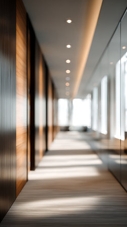 Blurred view showcasing a modern corridor with wooden paneling on one side, glass panels on the other, and bright spotlights illuminating the pathway to a window.の素材