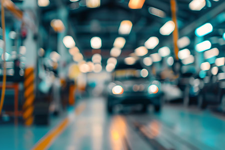 Abstract, blurred view of a car inside a factory. Headlights glow brightly in the teal and orange-toned scene, creating a bokeh effect, inside of the factory.の素材