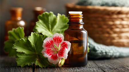 Close-up shot highlighting a brown bottle of geranium essential oil paired with a geranium flower on a rustic wooden surface. Basket and other bottles are out of focus.の素材