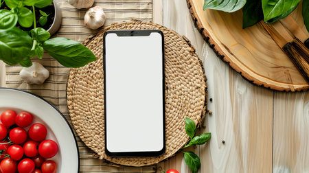 Flat lay showcases a blank smartphone on a woven placemat, accompanied by fresh basil, tomatoes, and garlic, arranged on a rustic light-colored wooden table surface.の素材