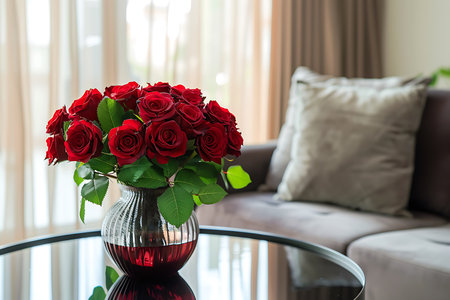 Close-up shot of a vibrant red rose bouquet displayed in an elegant striped silver vase atop a reflective black glass table. Blurred couch in background adds softness.の素材
