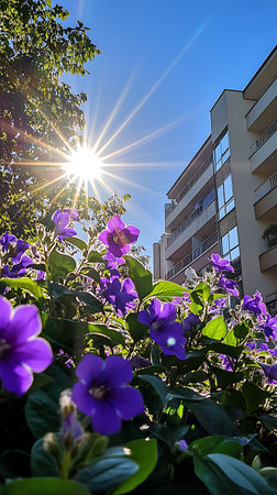 Close-up view of purple flowers with green leaves with the sun shining brightly behind a tree, against a clear blue sky and modern building. Outdoor scene.の素材