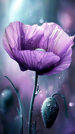 Close-up shot featuring a purple poppy in bloom, showcasing delicate petals and dew drops. A poppy bud is visible, alongside blurred background adding to artistic effect.の素材