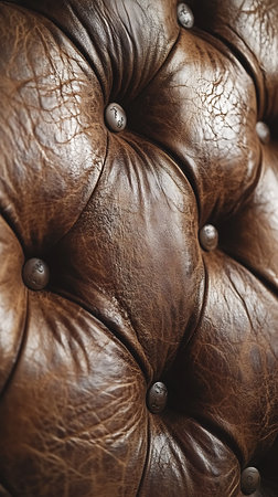 Detailed view showcasing the rich texture of tufted brown leather upholstery, accented by decorative metal buttons. The image highlights the material's depth and craftsmanship.の素材