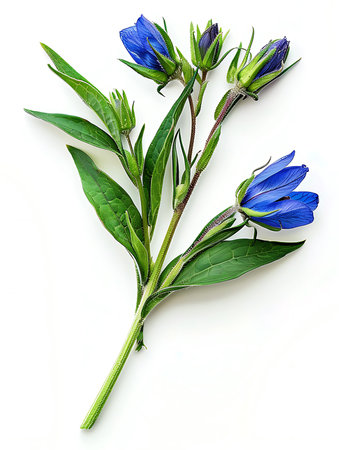 Asclepias gentian sprig featuring one fully open, vibrant blue blossom alongside several closed buds, leaves, and stem on a white backdrop, closeup photography.の素材