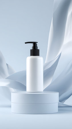 Clean product shot displays a white, unlabeled bottle with black pump on a light blue podium. Flowing, white fabric creates an elegant backdrop for advertising.の素材