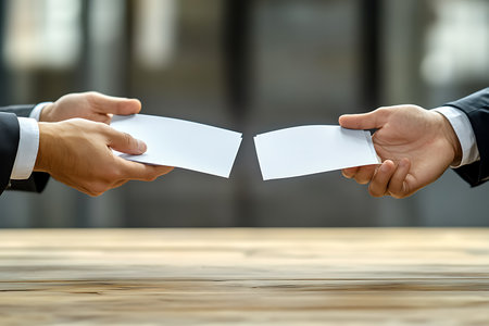Two hands in suits are exchanging blank white business cards over a wooden table. Focus is on the hands and cards, with a blurred background.の素材
