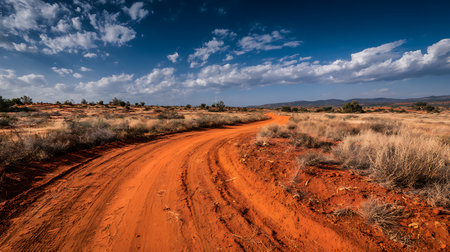 A winding red dirt road stretches through arid landscape under a partly cloudy sky. Distant mountains and sparse vegetation complete the tranquil yet rugged scene.の素材