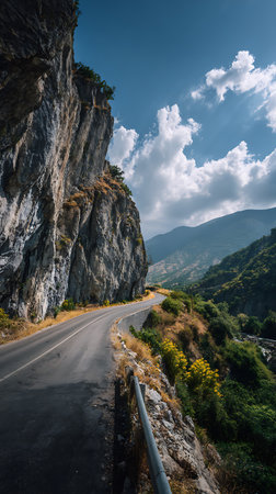 A winding asphalt road hugs the base of a towering cliff face, creating a dramatic landscape with distant mountains under a partly cloudy sky.の素材