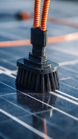 Close-up shot of a black cleaning brush with orange handle cleaning a reflective blue solar panel. The bristles of the brush are dark, with visible water droplets.の素材