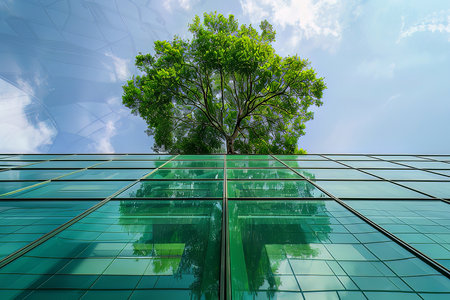 Low-angle view showing a tree reflected on the teal glass facade of a modern building, under a clear blue sky with soft clouds.の素材