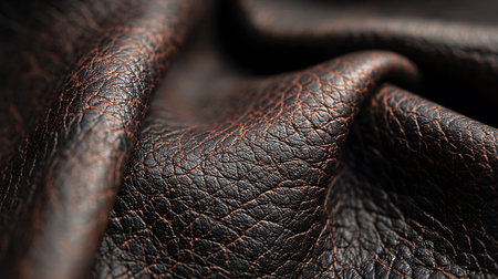 Detailed macro shot of dark brown leather fabric with textured surface, showing folds and creases. Ideal for backgrounds, textures, or design inspiration for materials.の素材