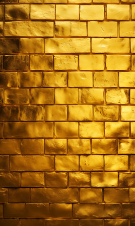 Detailed image showcasing a golden brick wall, highlighting its rich texture and metallic sheen. The bricks create a visually striking pattern with a luxurious and opulent feel.の素材