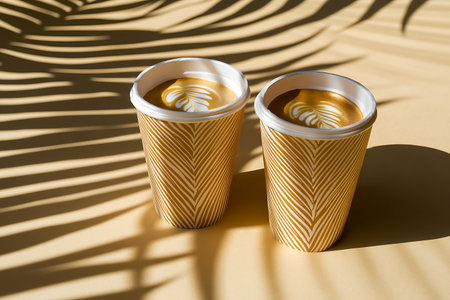 Two paper cups filled with latte art under tropical leaf shadows. The drinks sit on a beige surface, the cup patterned with gold and white chevron shapes.の素材