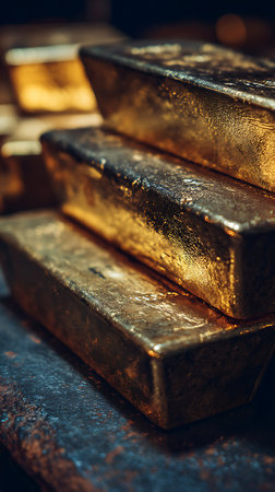 A close-up image showcases a stack of gold bars, highlighting their textured surfaces and metallic luster. The bars rest on a darkly patinated backdrop, intensifying the gold's radiance.の素材