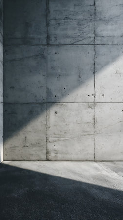 Concrete corner featuring a wall constructed from rectangular slabs, contrasting sharply with the smooth, dark floor. Light and shadow create a dramatic and minimalist aesthetic.の素材