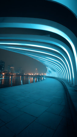 Night view under an illuminated blue curved pedestrian walkway by a waterfront with a distant city skyline in the misty background and visible reflections.の素材