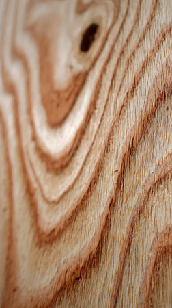 A close-up shot showcases the intricate details of textured wood grain. The patterns include distinct rings and a visible knot, highlighting the natural wood surface.の素材