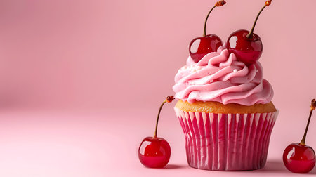 A delicious looking cherry topped cupcake featuring swirls of pink frosting and placed on a matching pink background. A lone cherry sits to the side of the cupcake.の素材