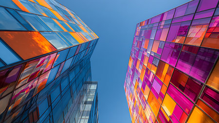 Low angle view of modern, colorful buildings. A tall structure with blue, orange and clear glass windows is facing another with pink, purple and orange glass panels.の素材