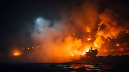 Intense shot captures a steel plant illuminated at night. Thick steam swirls in the air, lit by orange and white lights. Dark ground with a vehicle in silhouette in foreground.の素材