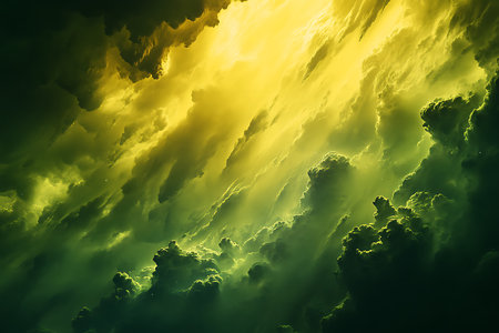 Sunlight pierces through the dense, churning clouds in this scene of dramatic yellow and green hues. The heavy cloudscape conveys a sense of power and awe.の素材