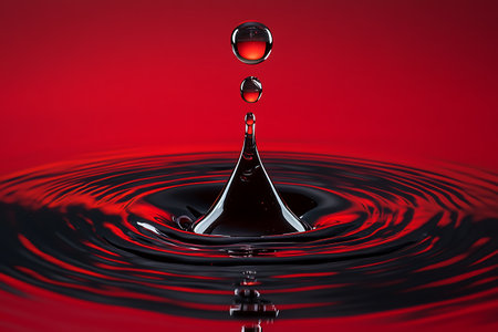 High angle shot of water droplets impacting a liquid surface against a vibrant red background. The collision creates circular waves emanating outwards, reflecting red color.の素材