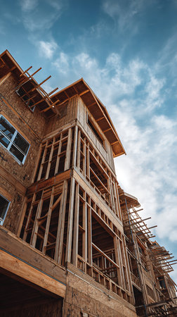 Angled close-up showcases the unfinished wooden frame of a multi-story building under construction, set against a backdrop of a lightly clouded, blue sky above.の素材