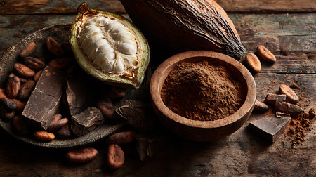 A close-up shows an open cacao pod, cocoa beans, dark chocolate chunks, and cocoa powder in a wooden bowl arranged on a rustic wooden surface. Rich colors and textures.の素材