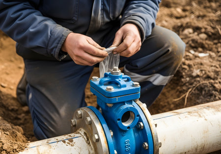 Plumber repairing a water pipe. Close-up of male hands.の素材
