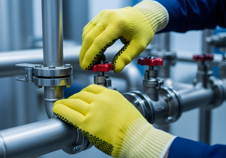 Plumber at work in the production of heating systems. Industrial backgroundの素材