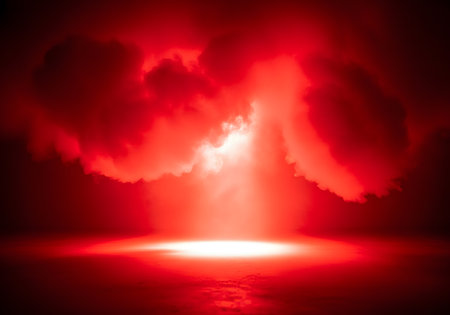 Dark red background with smoke and rays of light. 3d renderingの素材