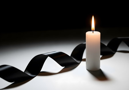 Burning candle with black ribbon on a black background with copy spaceの素材