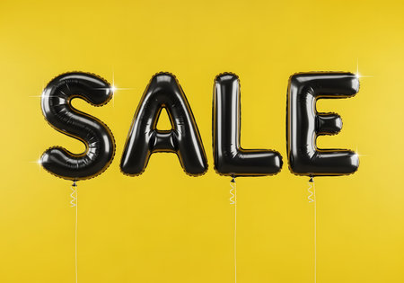 Sale black balloon lettering on yellow background. 3D Renderの素材