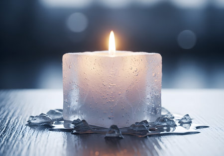 Beautiful burning candle with drops of water on table, closeupの素材
