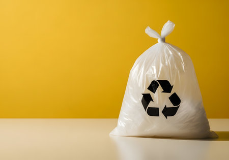 Trash bag with recycle symbol on yellow background. Recycling conceptの素材