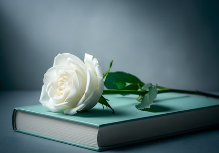 White rose on a book. Shallow depth of field. Toned.の素材