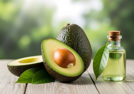 Avocado oil in a glass bottle and fresh avocados.の素材