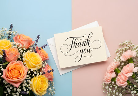 top view of greeting card with thank you lettering and flowers on blue and pink backgroundの素材