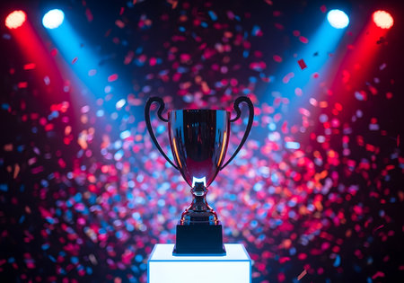Championship trophy on stage with bokeh lights background.の素材