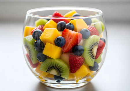 Fruit salad in a glass, close-up, selective focusの素材