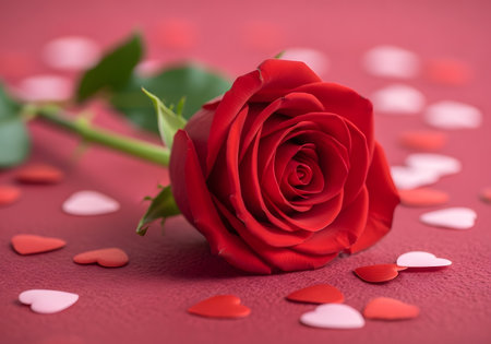 Red rose and hearts on red background. Valentines day concept.の素材