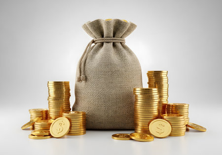 Money bag with gold coins isolated on white background. 3d illustrationの素材