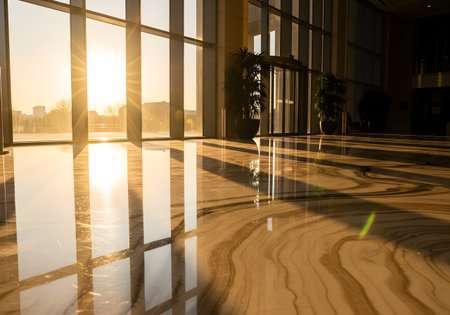 Reflection of the sun in the windows of a modern office buildingの素材
