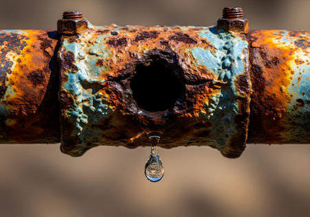 A drop of water dripping from a rusty pipe. Selective focus.の素材