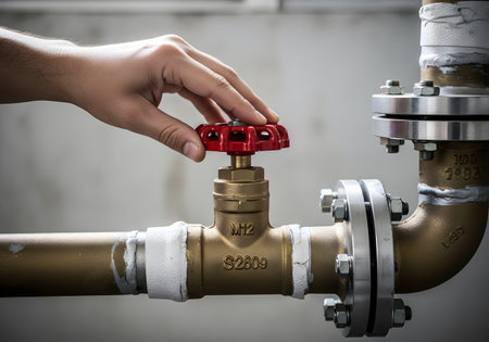 Closeup of a man's hand turning on a water valve.の素材