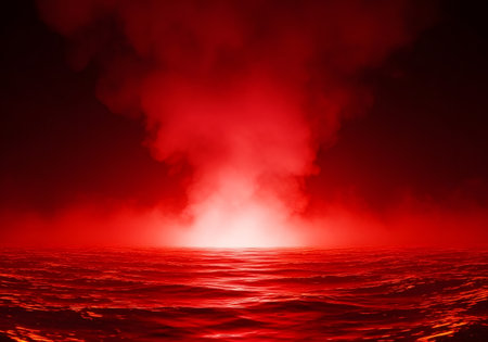 Fantastic red sea with light rays and fog. 3d renderingの素材