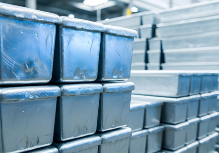 Plastic containers in factory warehouse, close-up. Industrial backgroundの素材